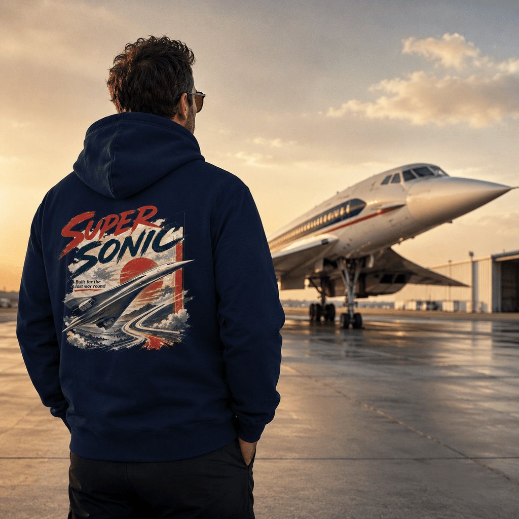 Person wearing a hoodie with 'Super Sonic' design, standing in front of a Concorde airplane at sunset.