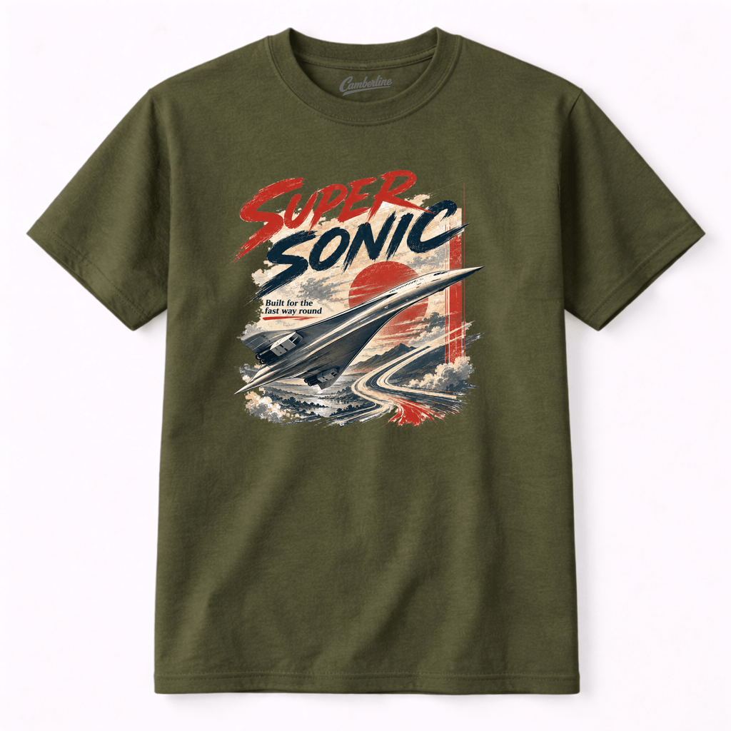 Green t-shirt with 'Super Sonic' graphic design on a white background