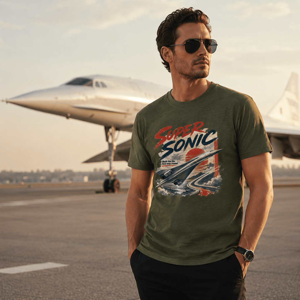 Man wearing a 'Super Sonic' t-shirt with an airplane graphic on an airport runway.