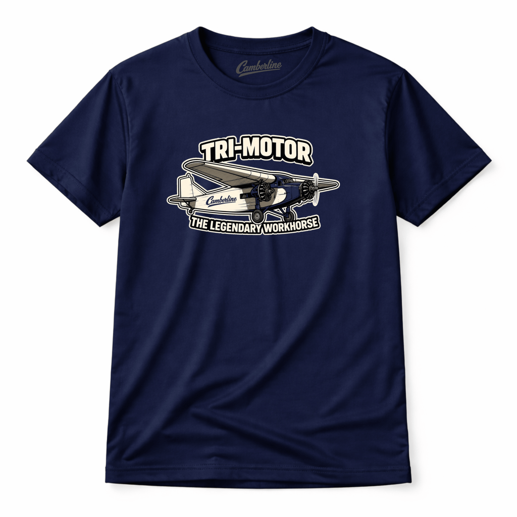 Navy blue t-shirt with a graphic design on a white background