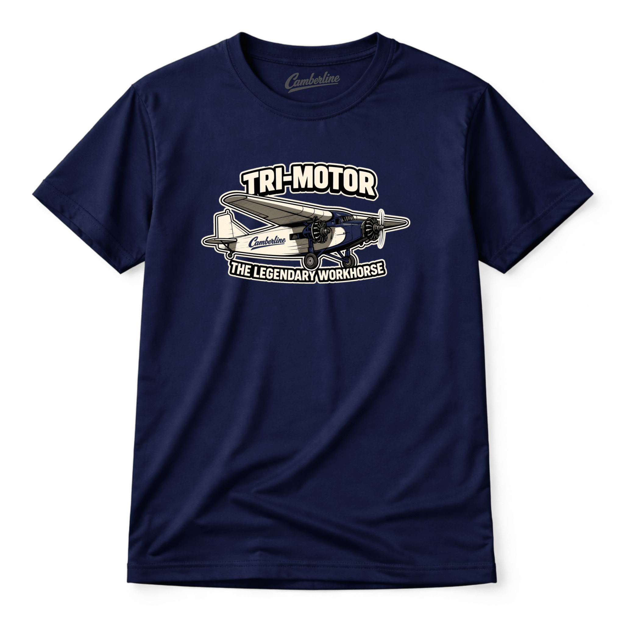 Navy blue t-shirt with a graphic design on a white background