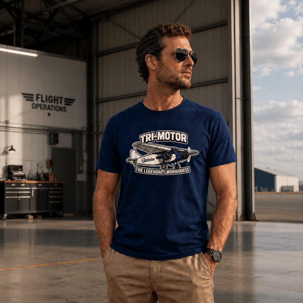 Man wearing a navy blue t-shirt with a graphic design in an airplane hangar.