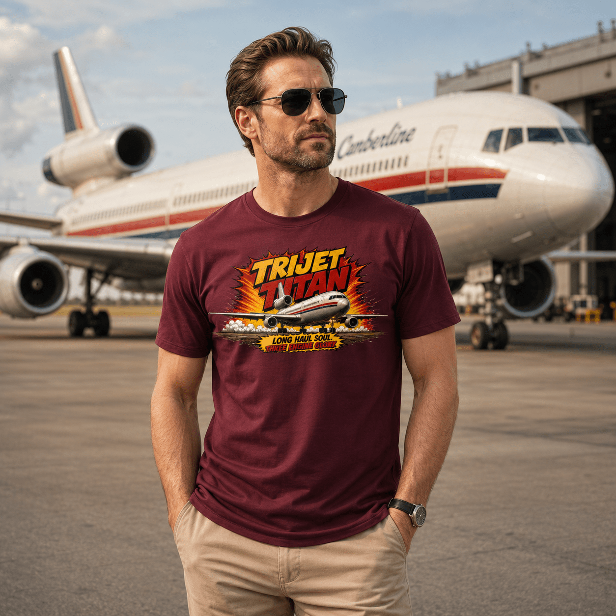 Man wearing a maroon t-shirt with 'TRIJET TITAN' design in front of an airplane on a runway.