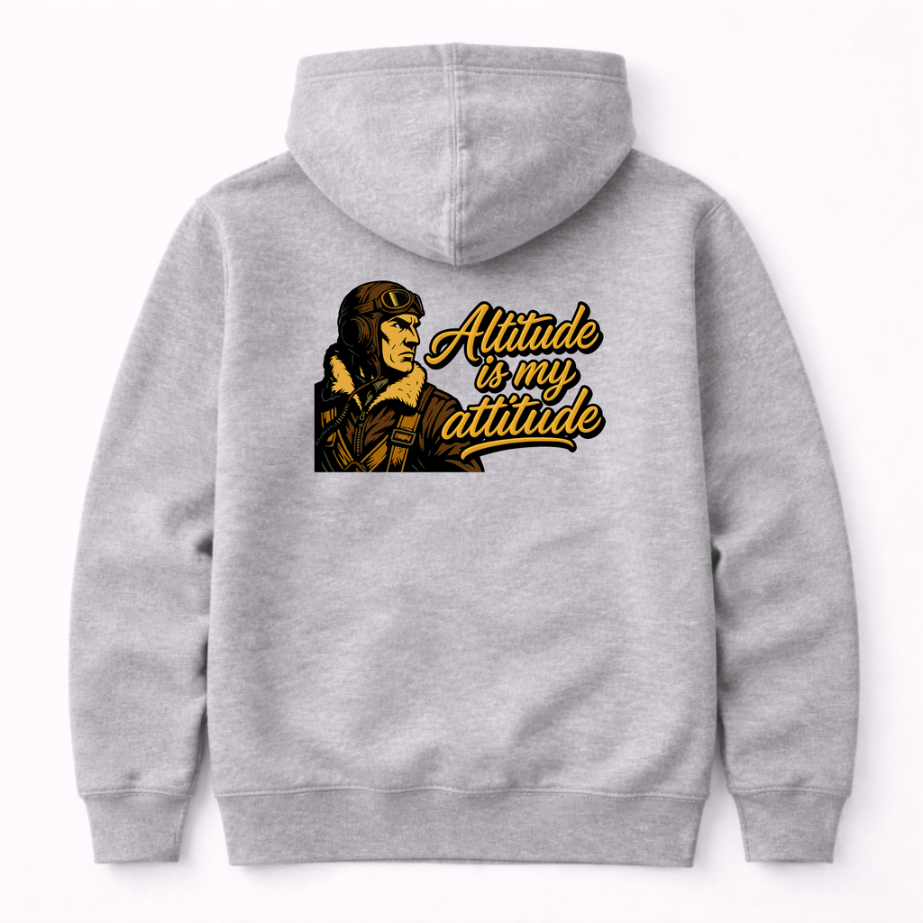 Gray hoodie with a graphic of an aviator and 'Altitude is my attitude' text on the back.