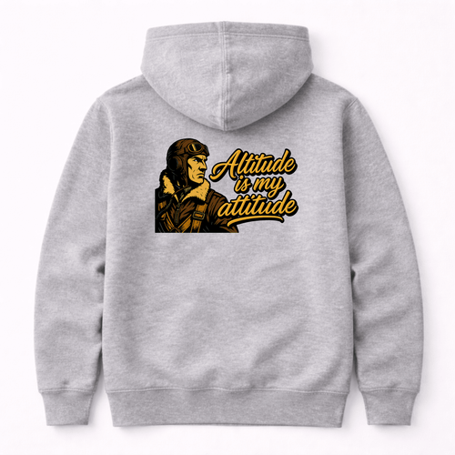 Gray hoodie with a graphic of an aviator and 'Altitude is my attitude' text on the back.