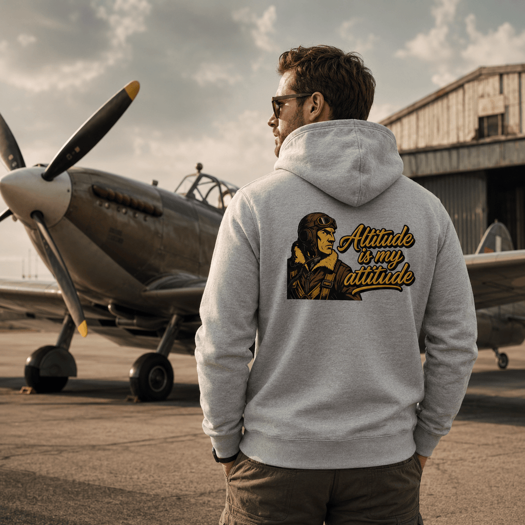 Man wearing a hoodie with an airplane design and 'Altitude is my altitude' text at an airfield.