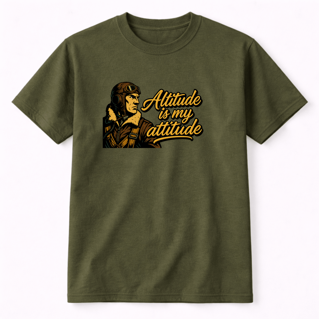 Green t-shirt with a graphic of a pilot and 'Altitude is my attitude' text on a white background