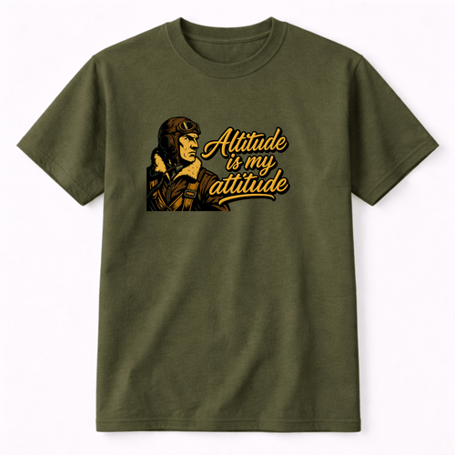 Green t-shirt with a graphic of a pilot and 'Altitude is my attitude' text on a white background