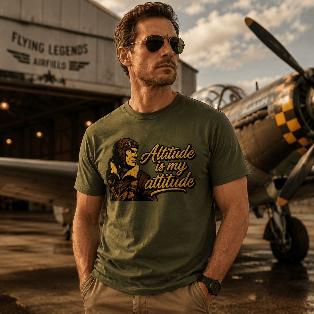 Man wearing a green t-shirt with a vintage airplane graphic and text, standing in front of an airplane at an airfield.