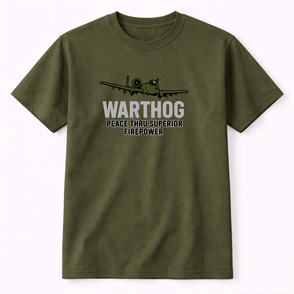 Green t-shirt with airplane graphic and text on a white background