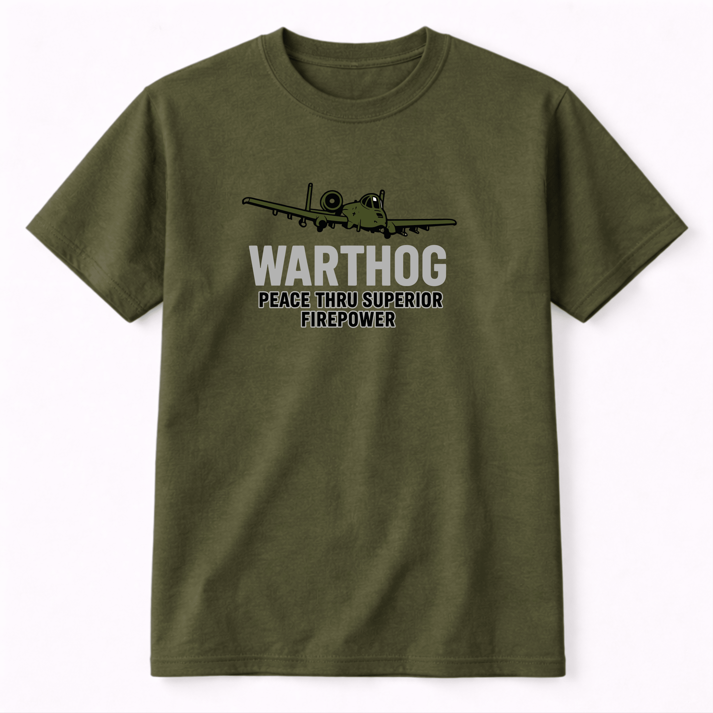Green t-shirt with airplane graphic and text on a white background