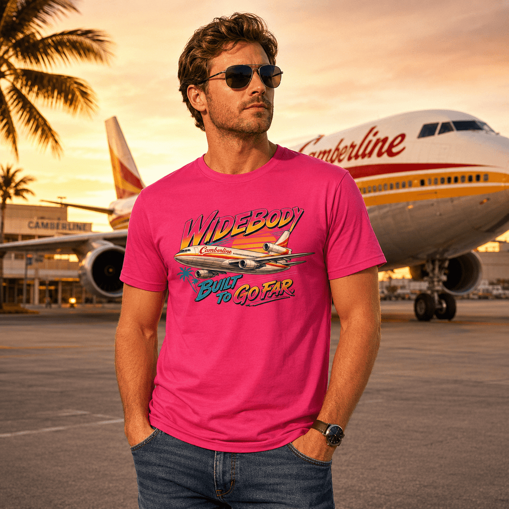 Man wearing a pink t-shirt with an airplane graphic and text, standing in front of an airplane at an airport.