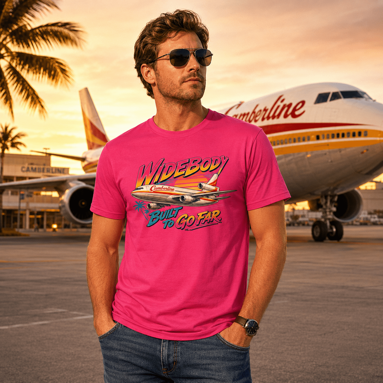 Man wearing a pink t-shirt with an airplane graphic and text, standing in front of an airplane at an airport.
