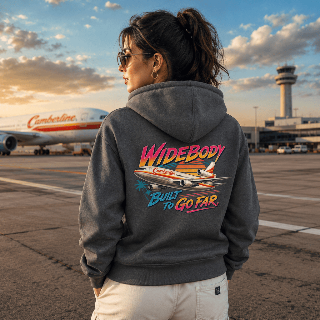 Person wearing a hoodie with an airplane design at an airport