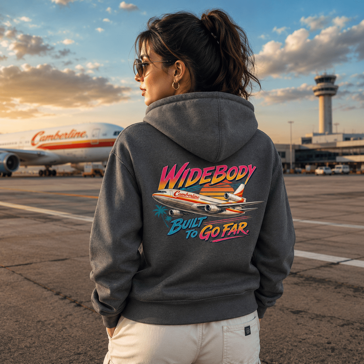 Person wearing a hoodie with an airplane design at an airport