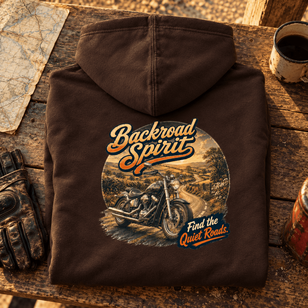Camberline Backroad Spirit cruiser brown hoodie back print at a rustic road-stop bench
