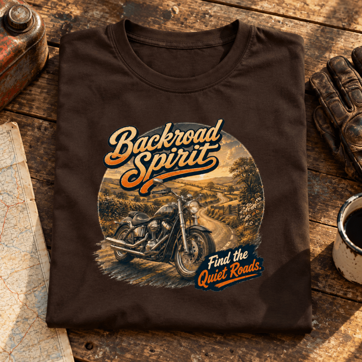 Camberline Backroad Spirit cruiser brown T-shirt front print at a rustic backroad stop