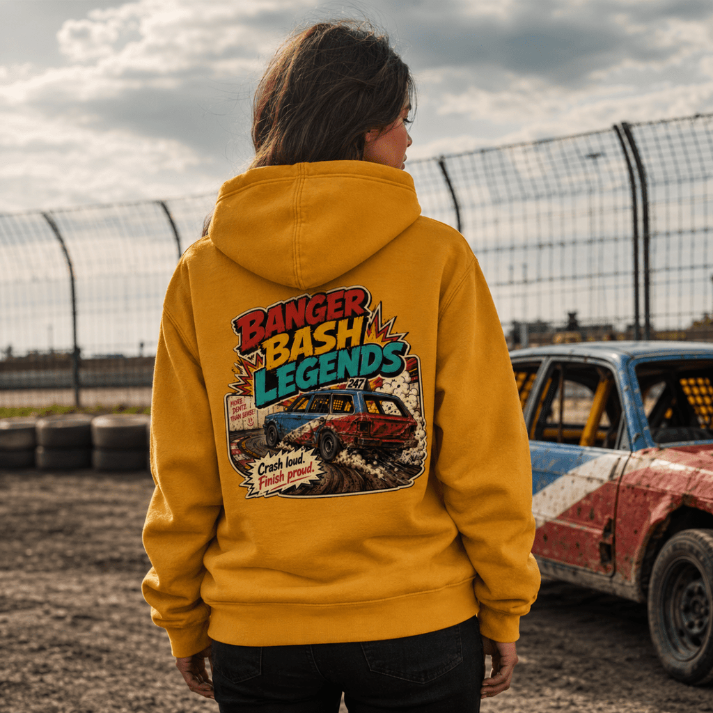 Model wearing Camberline Gold hoodie showing Banger Bash Legends Comic Crash British oval racing back graphic