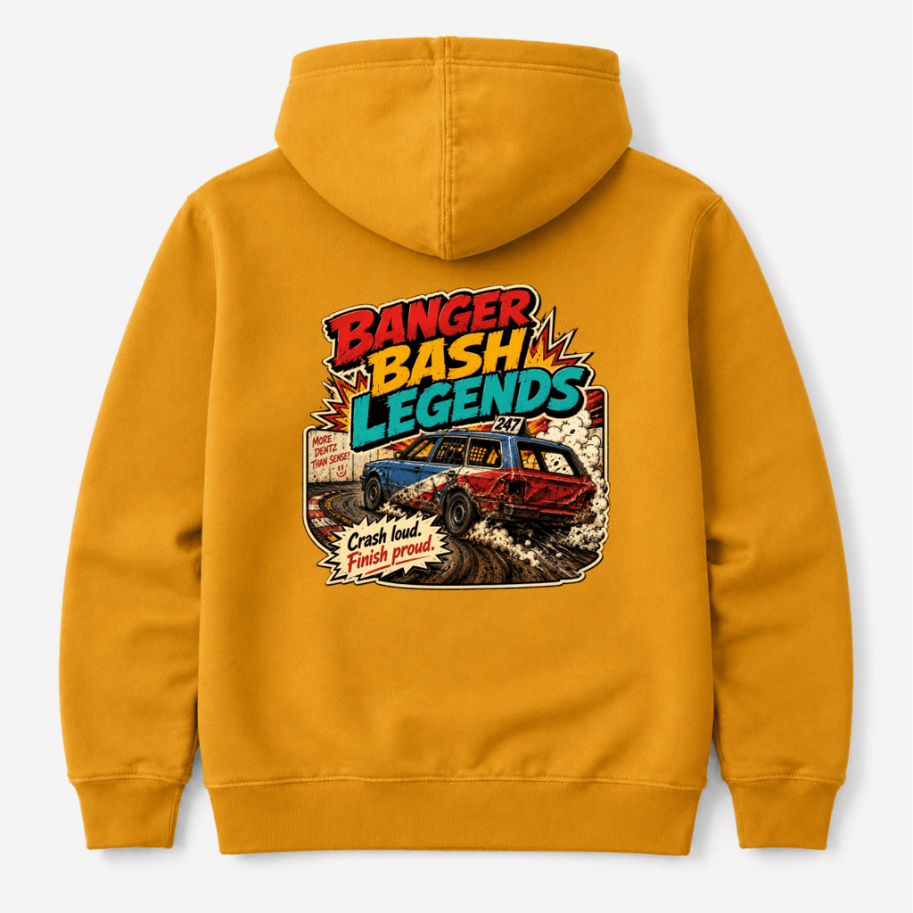 Camberline Banger Bash Legends Comic Crash Gold hoodie, back graphic for British oval racing fans
