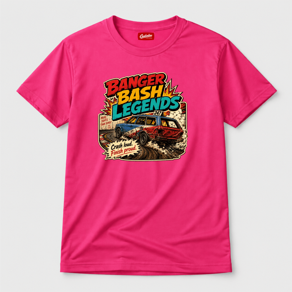 Camberline Banger Bash Legends Hot Pink t-shirt, front graphic for British oval racing fans