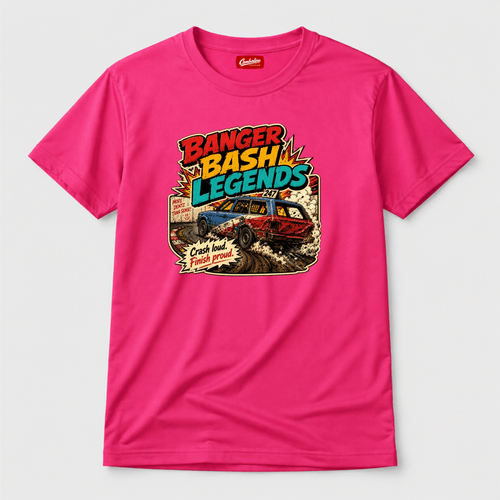 Camberline Banger Bash Legends Hot Pink t-shirt, front graphic for British oval racing fans
