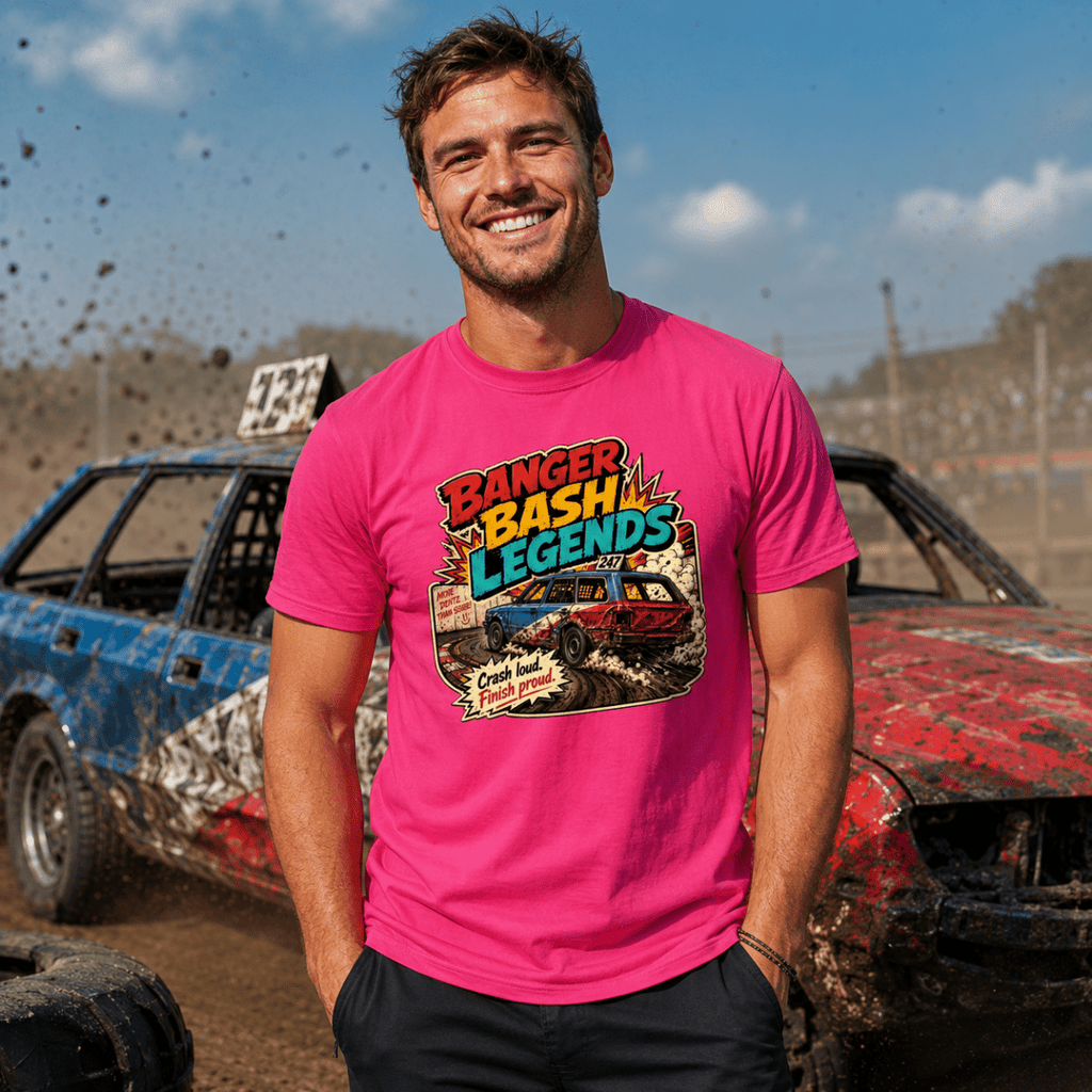 Model wearing Camberline Hot Pink t-shirt showing Banger Bash Legends British oval racing front graphic