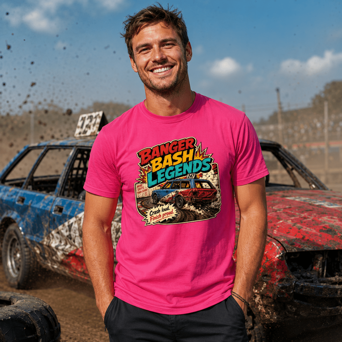 Model wearing Camberline Hot Pink t-shirt showing Banger Bash Legends British oval racing front graphic