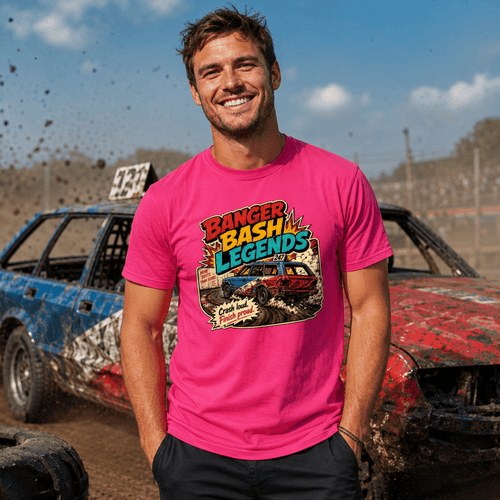 Model wearing Camberline Hot Pink t-shirt showing Banger Bash Legends British oval racing front graphic