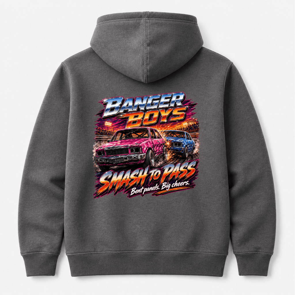 Camberline Banger Boys Damaged Cars Charcoal Grey hoodie, back graphic for British oval racing fans