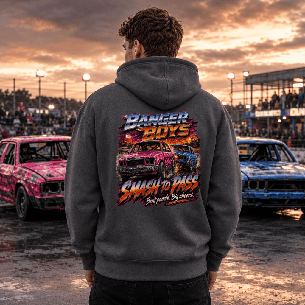Model wearing Camberline Charcoal Grey hoodie showing Banger Boys Damaged Cars British oval racing back graphic