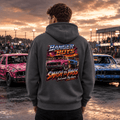 Model wearing Camberline Charcoal Grey hoodie showing Banger Boys Damaged Cars British oval racing back graphic