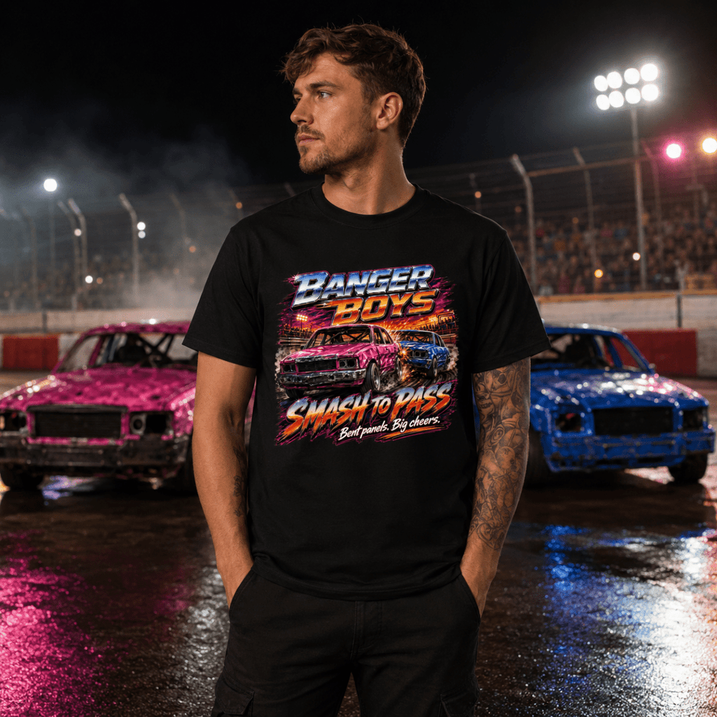 Model wearing Camberline Black t-shirt showing Banger Boys Neon Smash British oval racing front graphic