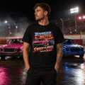 Model wearing Camberline Black t-shirt showing Banger Boys Neon Smash British oval racing front graphic