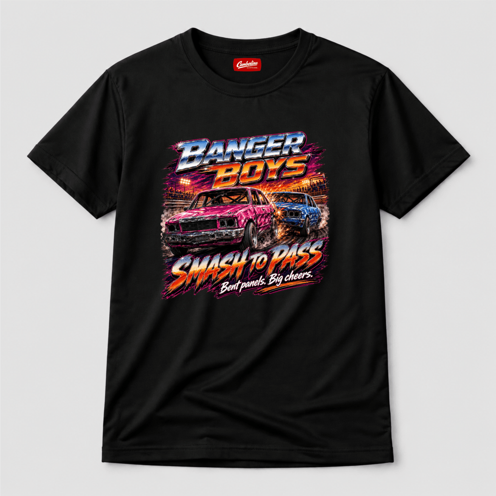Camberline Banger Boys Neon Smash Black t-shirt, front graphic for British oval racing fans