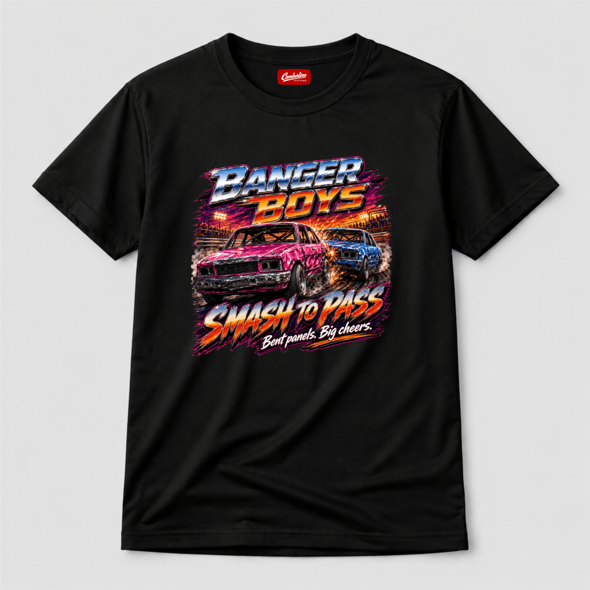 Camberline Banger Boys Neon Smash Black t-shirt, front graphic for British oval racing fans
