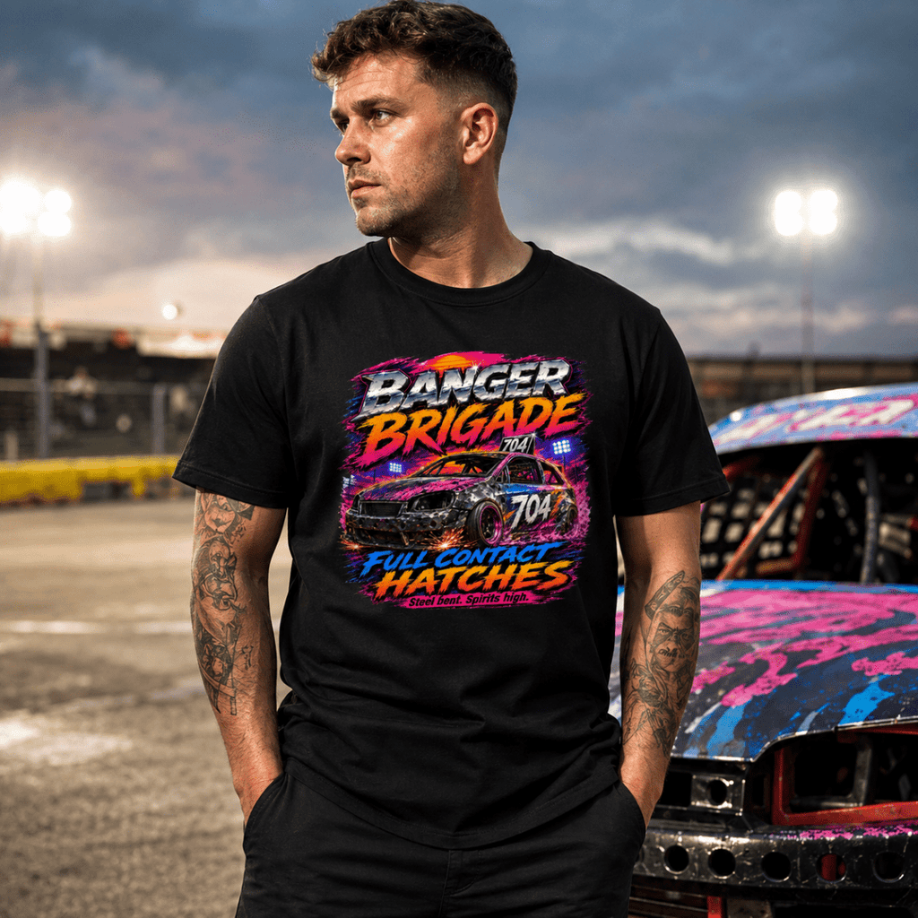 Model wearing Camberline Black t-shirt showing Banger Brigade 704 Neon Race British oval racing front graphic