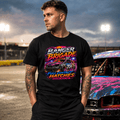 Model wearing Camberline Black t-shirt showing Banger Brigade 704 Neon Race British oval racing front graphic