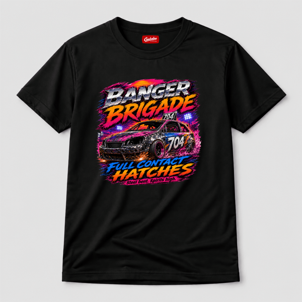 Camberline Banger Brigade 704 Neon Race Black t-shirt, front graphic for British oval racing fans