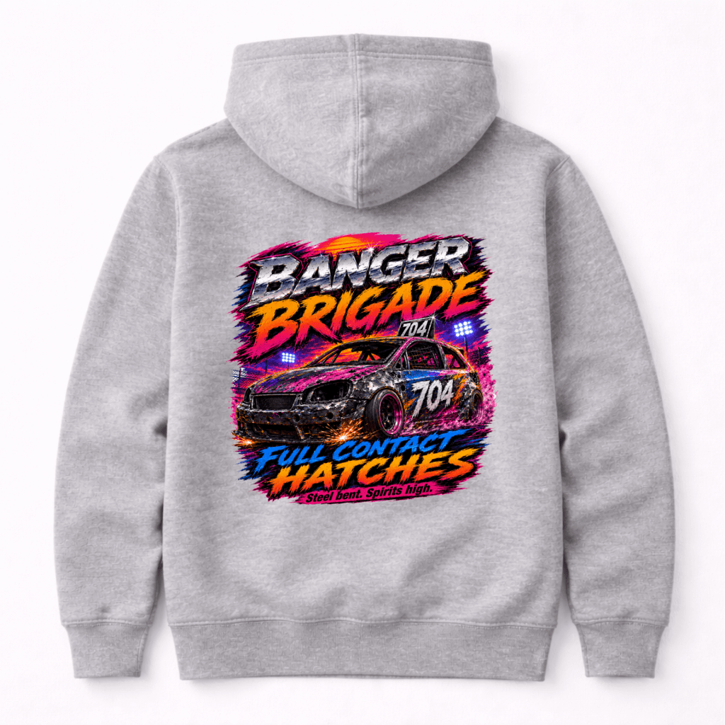 Camberline Banger Brigade Hatchback Racing Light Grey hoodie, back graphic for British oval racing fans