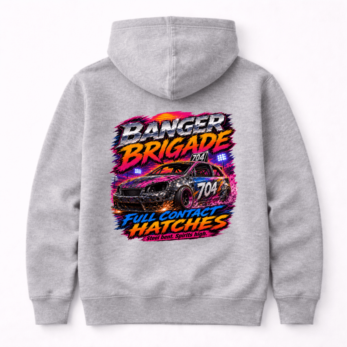 Camberline Banger Brigade Hatchback Racing Light Grey hoodie, back graphic for British oval racing fans