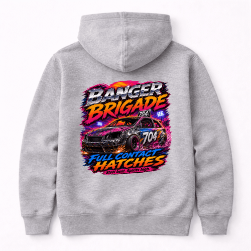 Camberline Banger Brigade Hatchback Racing Light Grey hoodie, back graphic for British oval racing fans