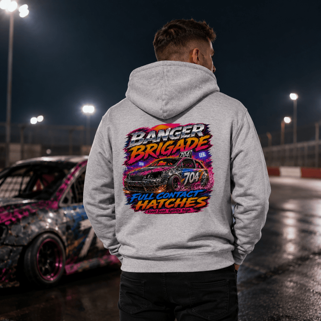 Model wearing Camberline Light Grey hoodie showing Banger Brigade Hatchback Racing British oval racing back graphic