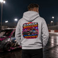 Model wearing Camberline Light Grey hoodie showing Banger Brigade Hatchback Racing British oval racing back graphic