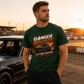 Model wearing Camberline Forest Green t-shirt showing Banger Bruiser Last One Laughing British oval racing front graphic