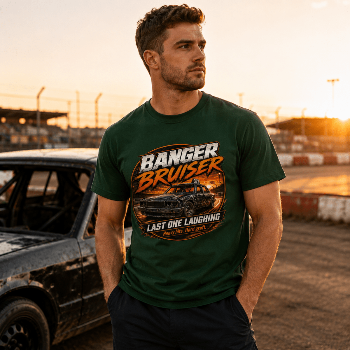 Model wearing Camberline Forest Green t-shirt showing Banger Bruiser Last One Laughing British oval racing front graphic
