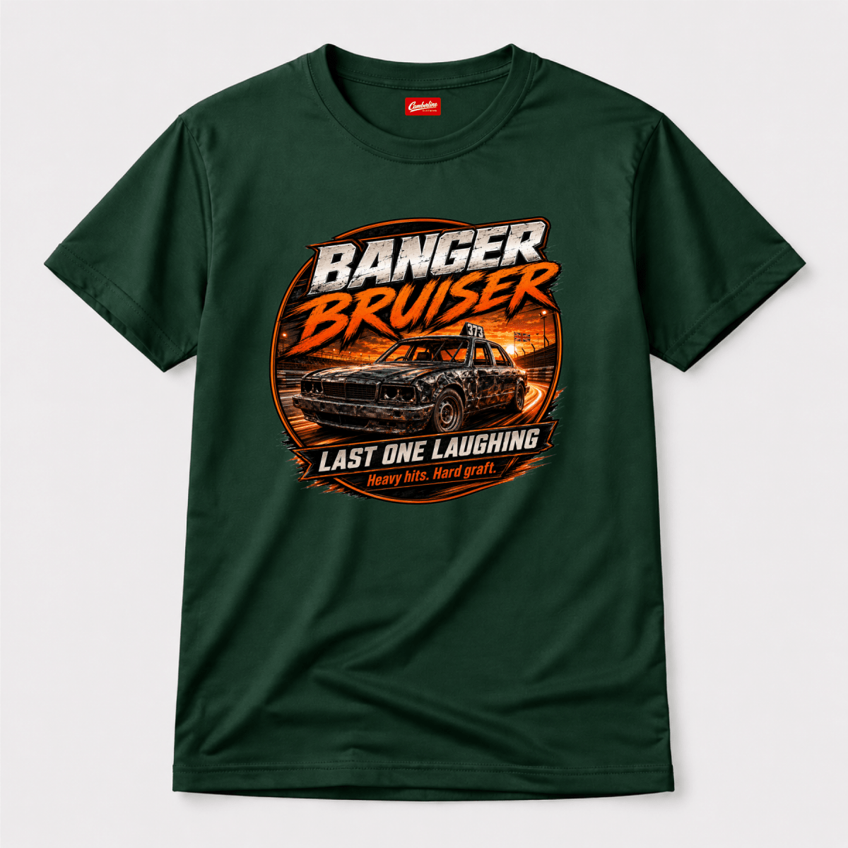 Camberline Banger Bruiser Last One Laughing Forest Green t-shirt, front graphic for British oval racing fans