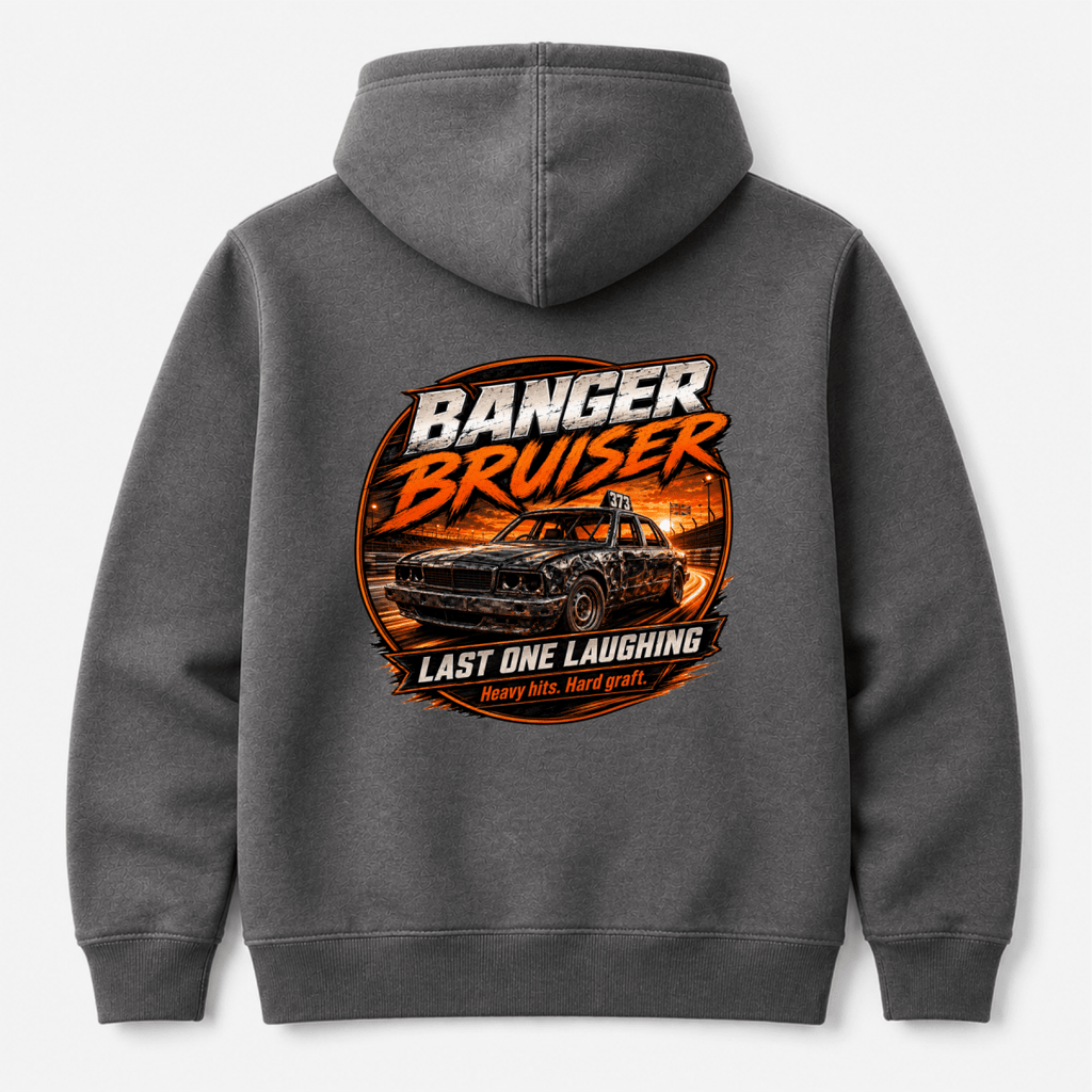 Camberline Banger Bruiser Wrecked Car Charcoal Grey hoodie, back graphic for British oval racing fans