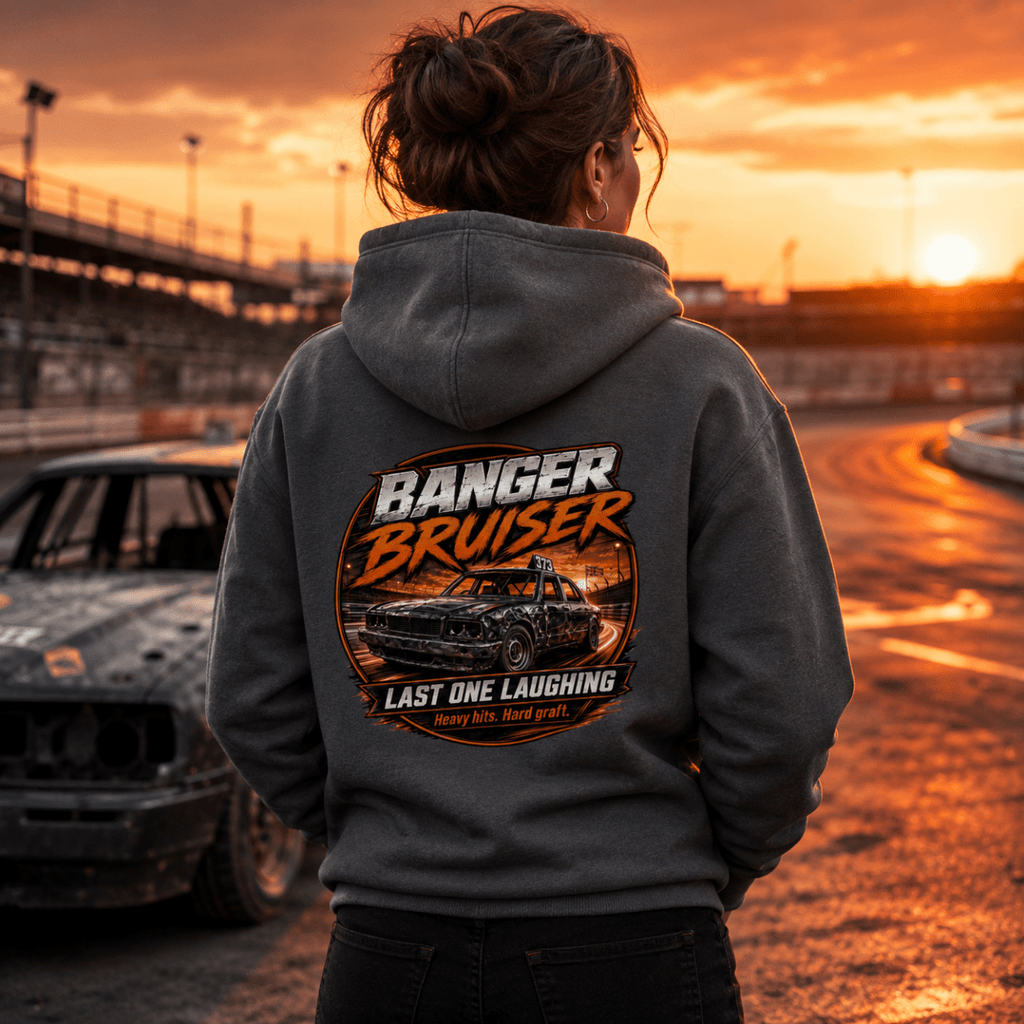 Model wearing Camberline Charcoal Grey hoodie showing Banger Bruiser Wrecked Car British oval racing back graphic