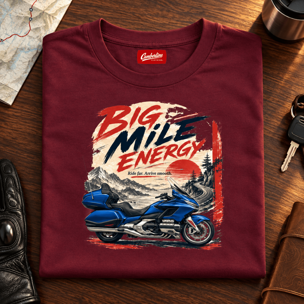Camberline Big Mile Energy luxury tourer burgundy T-shirt front print in a premium touring setting
