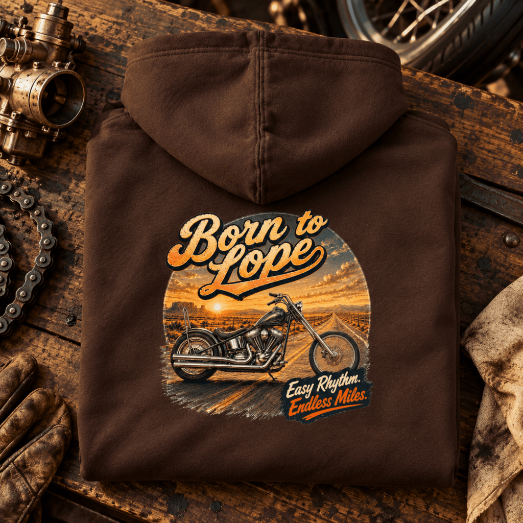 Camberline Born To Lope custom chopper brown hoodie back print on a vintage bike-builder bench